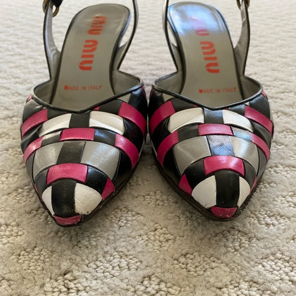 🎉HP🎉  MIU MIU slingback woven leather kitten heel pumps, size EU 36 - Picture 9 of 11